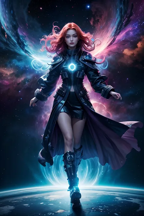 (Solo) Incredibly spectacular cloud character Sophie Turner（sophie turner）Emergency scene in a cosmic cloud, Fractal Nebula Chain, cosmic, Celestial, cosmic, A vibrant and vivid entity, whirly, Spinning, unreal, High contrast, Symbolism, magical, mistic, m...