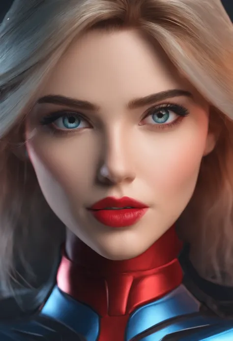 Marvel Conical Panel, Adolescente, fair pale skin, olhos azuis , cabelo preto na altura dos ombros, long eyeslashes, Black and red superhero costume, delineador, red-lips, cabelos pretos