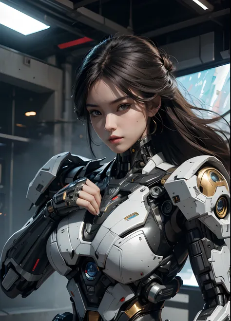 Textured skin, Super Detail, high details, High quality, Best Quality, hight resolution, 1080p, hard disk, Beautiful,(cyborgs),(Missiles from the chest),(Machine gun from both hands),beautiful cyborg woman,Mecha Cyborg Girl,Battle Mode,Girl with a Mecha Bo...