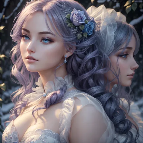 This is realistic (((Fantasy))) Artwork set in the frozen rose garden of an enchanting ice castle in winter. Its snowing heavily. Creating proud women (((Highly detailed face))) Dressed in the swirling folds of a stunning French silk ball gown. The gracefu...