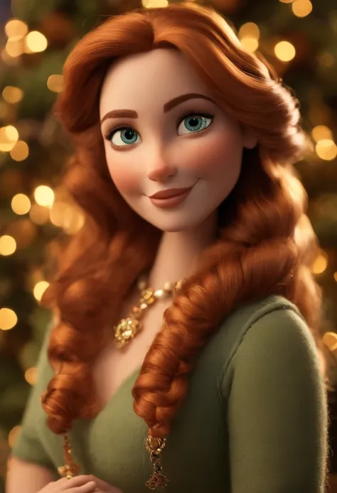 Make a Pixar-style character. Shes a 40-year-old woman, branca, com cabelos castanhos, lisos, de comprimento longo e olhos cor de mel. Ela deve usar uma camisa branca, brincos pequenos dourados e colar dourado. Shes in a Christmas village, with tree, papai...