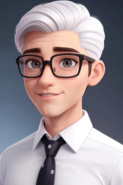 Um homem de 30 anos, com cabelos castanhos curtos,face de diamante, olhar rigoroso, e olhos castanhos, Wearing white white shirt with tie and glasses.