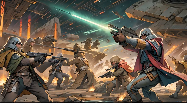 Jedi knights fighting with modern guns on a galactic battlefield.