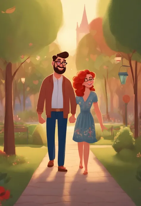 Image of a couple for a story in a YouTube video in Pixar format, He is tall, chubby, with black hair and a beard, She is short, chubby, red hair, big eyes, and wears glasses, Hes shy, She is playful and dresses very relaxed. Theyre in a park strolling in ...