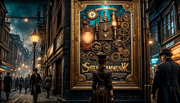 (((street-walls-pasted of steampunk with movie-poster:1.3))), (cinematic lighting and angle:1.1), (ultra-real:1.3), (((club-kids looking at movie poster:1.3))), (matte painting so detailed and layered that it feels like a real place:1.1), (modern-cityscape...