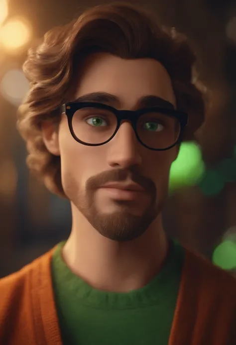 Criar um personagem no estilo pixar dentro de um jaleco. personagem homem cabelo castanho escuro, Rectangular glasses, barba, olhos verde escuro.