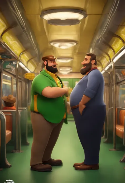 Fazer um personagem da Pixar , a bearded fat man character Moreno with the green subway shirt a subway conductor. The character has to be at least 100 kg to be 1,60 m de altura e c do mundo pixel