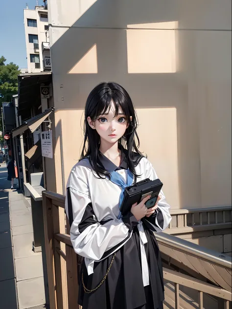 ((​masterpiece))、HD、top-quality、ultra-detailliert、hight resolution、Harajuku、Very delicate and beautiful portrait of a cute woman、hi-school girl、The long-haired、Striking black hair and gray eyes、Bright city lights、Surrounded by a sense of mystery。