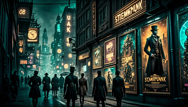 (((street-walls-pasted of steampunk and surreal cyberpunk with movie-poster:1.3))), (cinematic lighting and angle:1.1), (ultra-real:1.3), (((club-kids looking at movie poster:1.3))), (matte painting so detailed and layered that it feels like a real place:1...