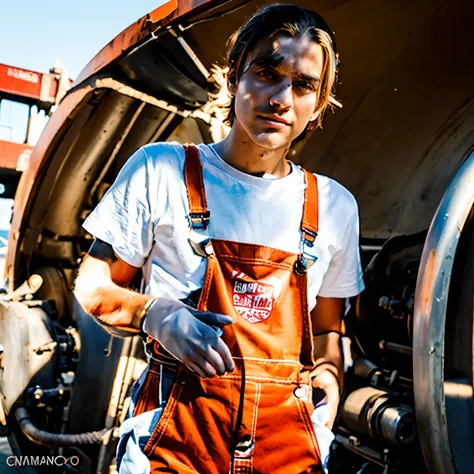 Personagem de desenho animado de um homem branco, cabelos e olhos castanhos, um pouco calvo, cabelo curto, nariz fino, half-fleshy lips, Wearing orange overalls next to a ship engine, Pose de personagem, Estilo Pixar