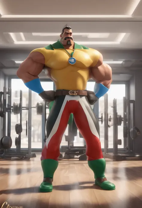 personagem dos desenhos animados de um homem com porte atletico, ele esta de bracos cruzados e com um semblante alegre, tem olhos verdes e cabelo curto, In the background is a fitness center with hardwood floors and cinematic lighting and a blue shirt, ani...