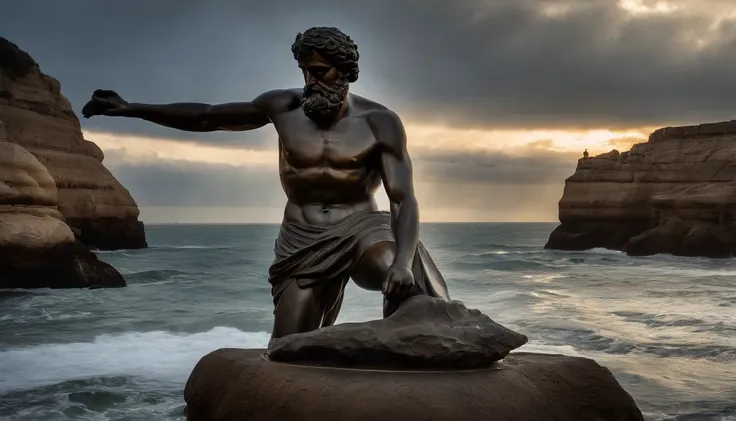 Greek Stoic Man Statue with a Strong and Robust Body, similar to the ancient statue of Zeus, Wet with water on the body, olhos brancos e prateados, fundo da paisagem do mar, Sea water splashing on the statue looking like its wet, efeito chuva, Lightning bo...