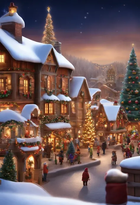 Lol Make a Pixar-style character. She is a 40-year-old white woman with long, straight brown hair and honey-colored eyes. She must wear a white shirt, small gold earrings and a gold necklace. she is in a christmas village, with tree, santa claus, snowman, ...