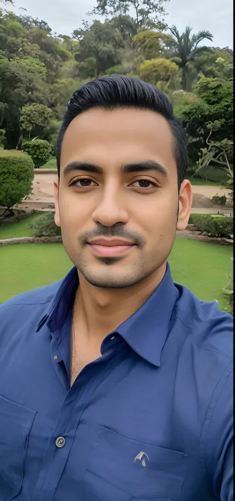 Homem de camisa azul tirando uma selfie em um parque, inspirado em Bikash Bhattacharjee, com rosto preciso, taken in the early 2020s, Mohamed Chahin, foto de perfil profissional, imagem de qualidade muito baixa, em torno de 1 9 anos, Fotografia selfie 8k, ...