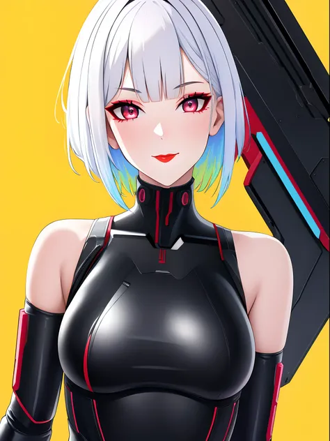 1girl, lucy (cyberpunk), solo, looking at viewer, cyberpunk, short hair, yellow background, smile, bare shoulders, red eyeliner, makeup, red lips, looking back, parted bangs, upper body, cyborg, multicolored eyes, bodysuit, closed mouth, white hair ,cyberp...