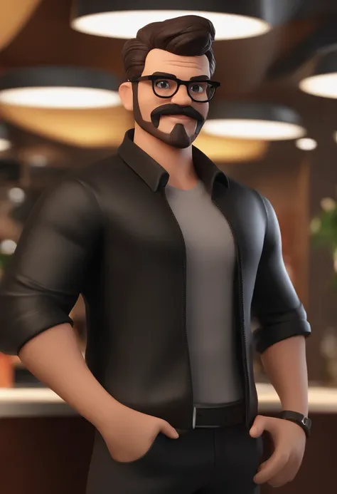 Cartoon character of a young man in black glasses with mustache, beard and low hair in gradient style, with a black t-shirt standing making a pose and in the background his advertising office, Caractere estilizado, animation style rendering, 3D estilizado,...