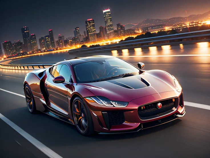 超A high resolution、An ultra-high picture quality、8K、Detailed details、marvelous expression、Big city at night、 Jaguar C-X75(METALIC RED)Driving on the highway、Turn on the headlights、Ride beautifully through the highway at night、