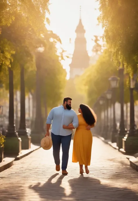 Image of a couple for a story in a YouTube video in Pixar format, He is tall, fat, black-haired and bearded, Ela baixa e gorda cabelos ruivos lisos olhos bem grandes, Hes shy, She is playful and dresses very relaxed. Theyre in a park strolling in love