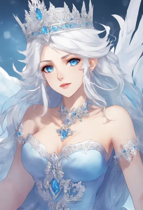 Anime, (masterpiece) White-haired ice queen with beautiful, white eyes, with a serious look looking at the fourth wall, sitting on an ice throne wearing a blue dress