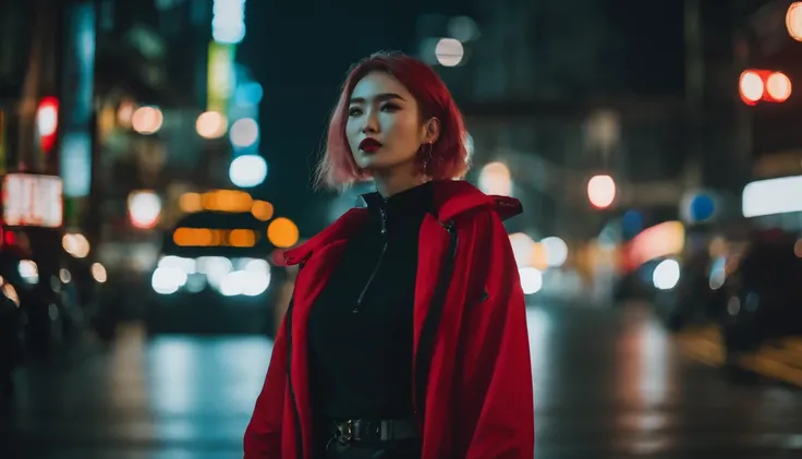 Japanese girl,pale skin,beautifull face,Rose hair,red sweater,Tokyo at night, Cyberpunk style,Japanese streetwear,Tokyo Fashion,In the Cyberpunk jacket 2 0 7 7,full-length,attractive pose