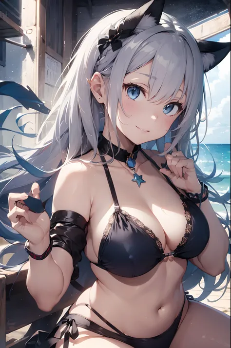 Cat-eared girl, solo, big, closed mouth, long_hair, light smile, sea, silver hair, , , stitched_face, patchwork_skin, cowboy shot, (black bikini), (wariza), (V arm: 1.3), (hands between legs: 1.4),