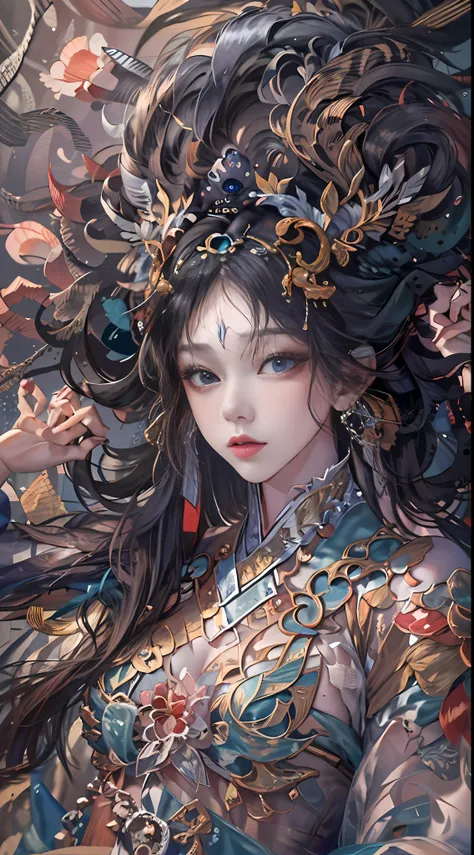 offcial art，统一 8k 壁纸，ultra - detailed，Beauty and aesthetics，tmasterpiece，best qualtiy，（zentangle，Tangled，entangle），（s fractal art：1.4），Black color hair，chineseidol，Chinese woman，The is very detailed，dynamic angle，casting spells，coloured with lots of colour...