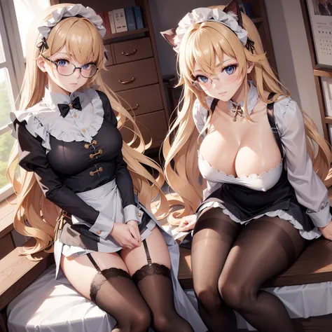 anime girl, 1 person, blonde hair, glasses, Crown,maid,cat ear, front view, big breasts, tights, sitting on desk,exposed chest, underwear, maid suit, shy, blushing, lifting skirt , bright sky, sitting cross-legged, high heels,exposed chest, underwear, midd...