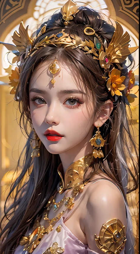 1 goddess of the zodiac from the future, wear the ao dai of the goddess of the zodiac to cover her chest, the goddess of the zodiac wears a bright yellow gold bodice, the goddess radiates a bright pink purple zodiac aura, the stars have the shape of the 12...