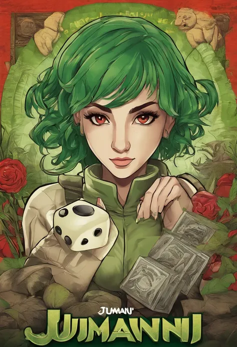 Adverisement for Jumanji with 2 dice, and green background and an anime girl green hair and red eyes