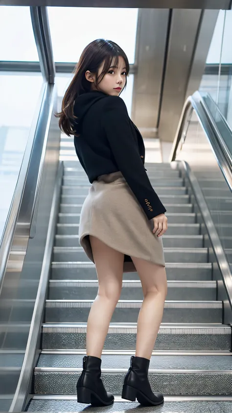 Up Escalator Skirt、short coat、bottom body close up、View from behind、Very low camera angle、Slouched、bent forward、Panchira、Buttocks