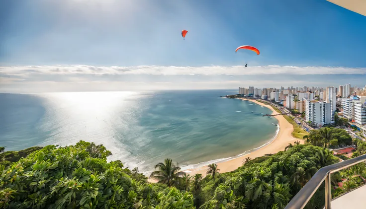 Highly detailed photo showcasing the scenic coastal view of Salvador, Bahia from a 12th-floor apartment in the Armação neighborhood. The expansive blue ocean takes center stage, with its calm waves reaching the sandy shores. Beyond, the skyline of Salvador...