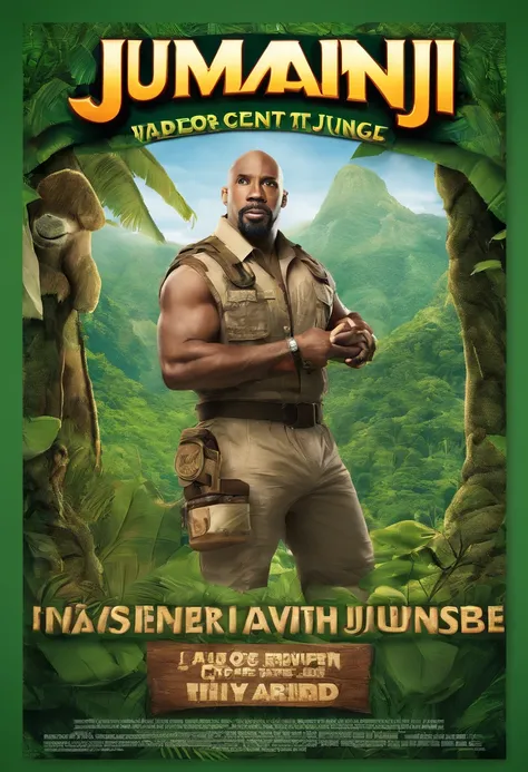 Adverisement for Jumanji board game with 2 dice, and green background with a tagline Unleash the adventure, conquer the jungle