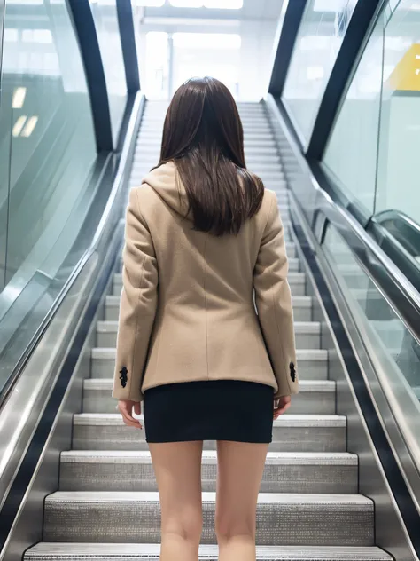 Up Escalator Skirt、short coat、bottom body close up、View from behind、Very low camera angle、Slouched、bent forward、Panchira、Buttocks