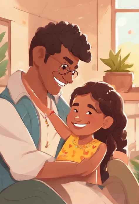 An illustration of an adorable family, Spotlight on a smiling bespectacled indigenous man, cabelos preto estiloso e curto arrepiado e uma mulher de pele clara com lindos olhos expressivos oriental, uma menina de olhos expressivos puxados, cabelos lisos pre...