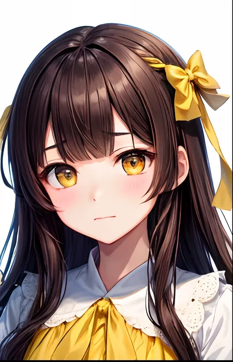 girl with、No background、without background、Background through、brown haired、Brown hair、The long-haired、long、Subject bangs、Pattsun bangs、Aligned bangs、Sareme、drooping eyebrows、Takuambi、Marovi、Round eyebrows、Yellow eyes、Yellow eyes、、embarrassed、Shy face、bow r...