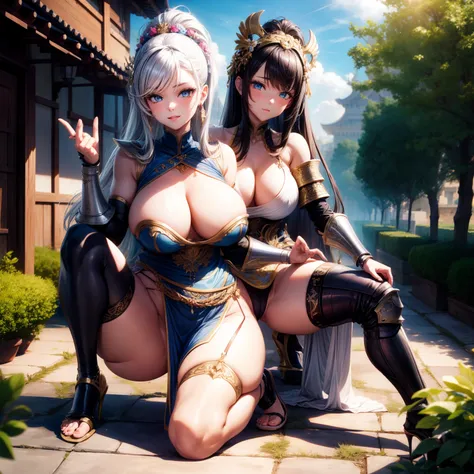 （8K ，Hyper-detailing，Ultra photo realsisim，Best Masterpiece，naturey，Perfect artwork，Perfect female body），Two cute busty girls ，（large tities），Ancient generals，Antique armor，Stylish hairstyle，Elegant and sexy general，On a quaint street，Dress up in sexy anti...