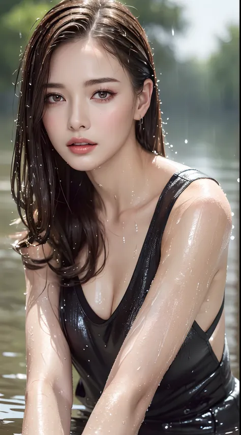 (Best quality, 4k, Masterpiece :1.3), pretty woman, 1girl, sexy :1.1, dark brown hair: 1.1, (rainy wet, wet from rain, wet body :1.2), white tank tops, ultra-detailed face, detailed lips, detailed eyes, double eyelid