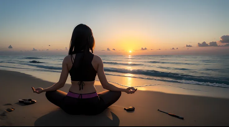 arafed womans shadow sitting in lotus position on beach at sunset, meditative, sukhasana, relaxed.