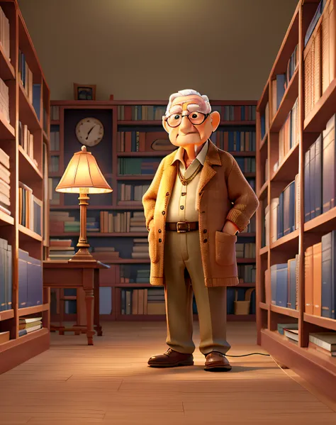 A wise old man standing in front, illuminated by the light of a lamp, against the backdrop of a library