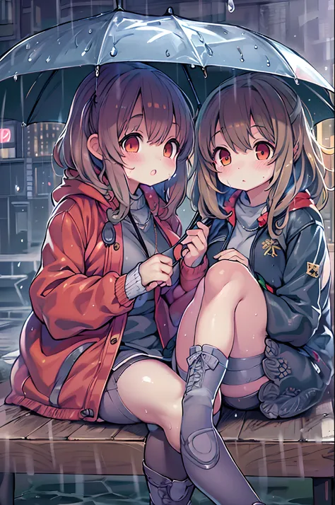 Two girls,under the rain、Anime characters sitting on a bench under an umbrella, Sateen!, Sateen!!, Kantai Collection Style, Sateen!!!, after rain and no girl, kawacy, anime style 4 k, In the rain, Its raining outside, anime moe art style, under rain, Cute ...