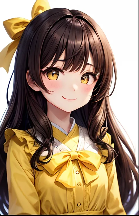 girl with、No background、without background、Background through、brown haired、Brown hair、The long-haired、long、Subject bangs、Pattsun bangs、Aligned bangs、Sareme、drooping eyebrows、Takuambi、Marovi、Round eyebrows、Yellow eyes、Yellow eyes、、embarrassed、Shy face、bow r...