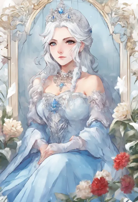 Anime, (masterpiece) White-haired ice queen with beautiful, white eyes, with a serious look looking at the fourth wall, sitting on an ice throne wearing a blue dress