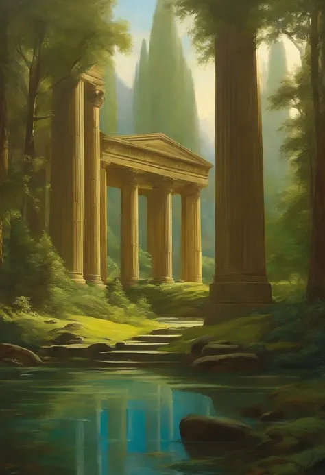 Estilo Ralph-McQuarrie, Greek architecture done in sci-fi style in a beautiful forest and meadow setting with tall buildings and open green spaces, oil painting, Beautiful, altamente detalhado