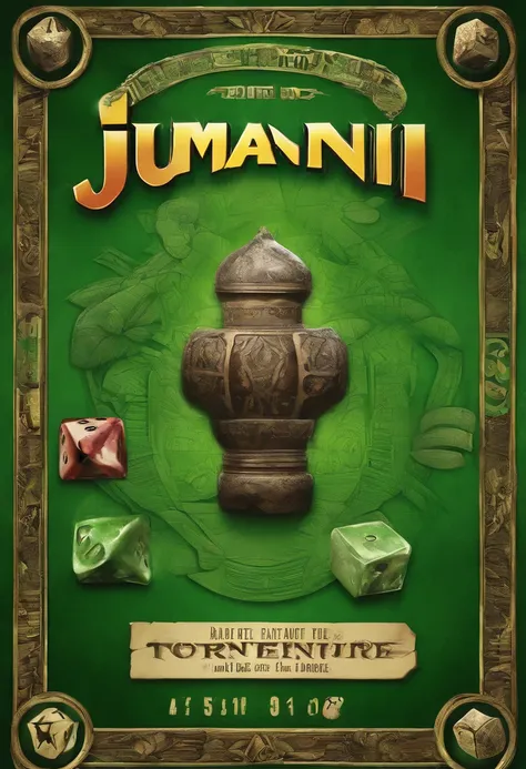 Advertisement for Jumanji board game,2 dice,green background, and writtent below"Unleash the adventure, conquer the jungle"