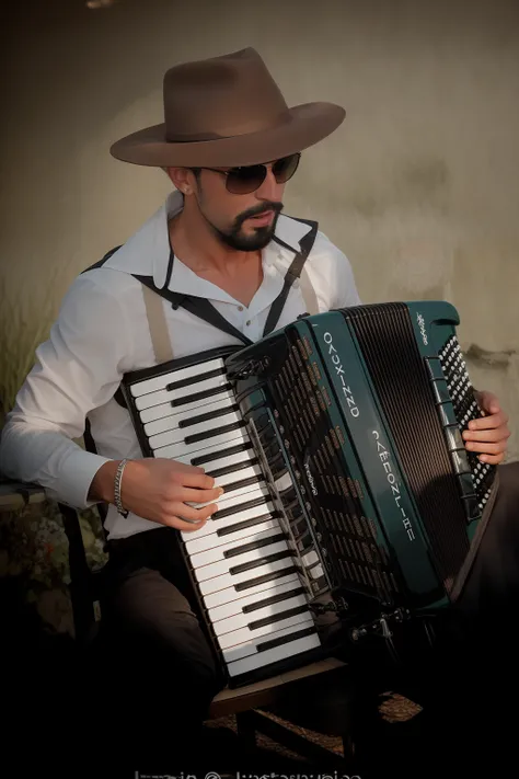 Man in hat and sunglasses plays accordion, musician, inspired by Germán Londoño, ástor alexander, inspirado em Federico Zandomeneghi, inspirado em Girolamo Muziano, Alejandro, Artur Bordello, instrumento, folclore, Pablo Oliveira, inspired by Agustín Ferná...