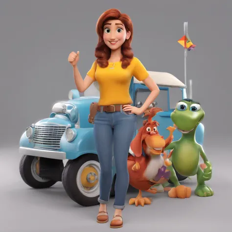 create a 3D movie poster inspired by Disney Pixar, The scene should be in Pixars signature digital art style, com uma imagem caricatural de uma mulher com cabelos pretos e lisos. Sardas nas bochechas, olhos castanhos escuros. wearing a white t-shirt and je...