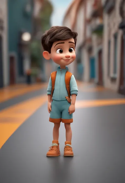 a happy cute kid standing short hair, vestindo uma fantasia espacial, , fundo branco, barnet, tom, Estilo Pixar, ..3d, desenhos animados, rosto detalhado, asymmetrical 16k