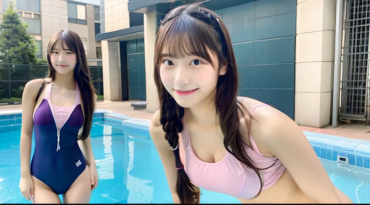 18-year-old high school girl in a pink school swimsuit