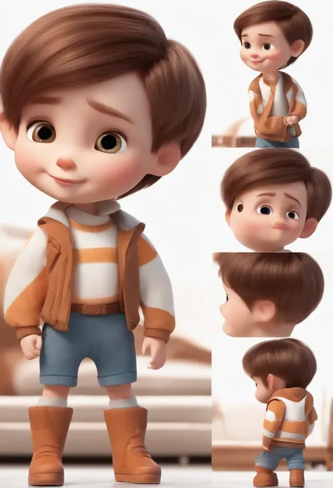 a happy cute kid standing short hair, vestindo uma fantasia espacial, , fundo branco, barnet, tom, Estilo Pixar, ..3d, desenhos animados, rosto detalhado, asymmetrical 16k