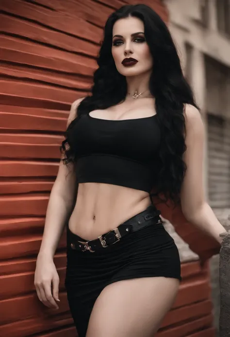 Pale-skinned girl, Pelo largo negro con flequillo, cintura delgada, muslos gruesos, big  boobs, Paquete de abdominales de seis, piernas tonificadas, biceped,Goth makeup, delineador negro, Young girl, Cuerpo atractivo, Cuerpo caliente, muslos gruesos, cintu...